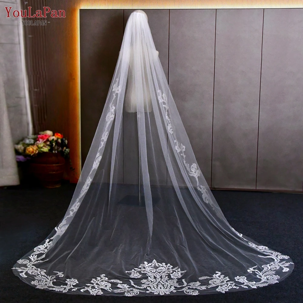 YouLaPan V62 Lace Trim Bridal Veil Extra Long Royal Wedding Veil Spanish and Peina Mantilla Bridal Head Accessories Embroidered