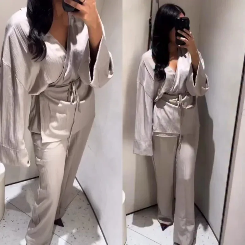 Spring Satin Texture Women's Kimono Suit Long-Sleeved Shirt with Tie Top And Wide-Leg Pants Loose Fit Two-Piece Set