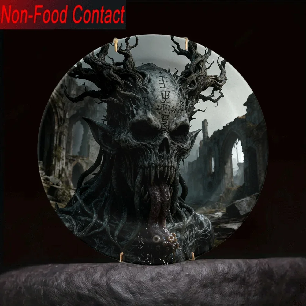 1pc Gothic Medieval Fantasy Ceramic Demon Face Plate - Dark Gothic Skull & Horns Ornament, Non-Food Contact Round Tableware for