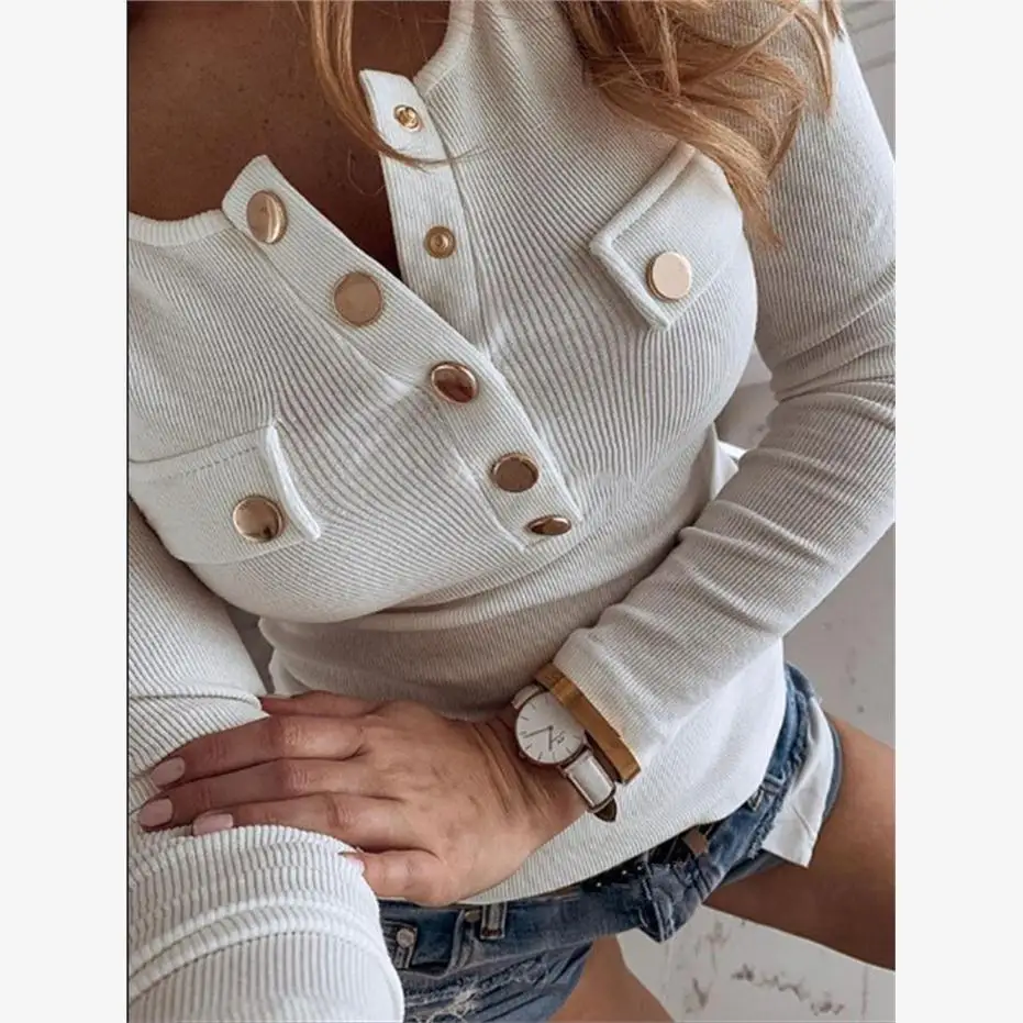 Faionable Color abotonado largo Sve camiseta para mujer 202 Sle Casual cómodo Material de cuero señoras Top