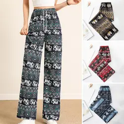 Ethnic Style High Waist Women Pant Elastic Waistband Drawstring Trousers Retro Elephant Print Straight Wide Leg Pants Sweatpants