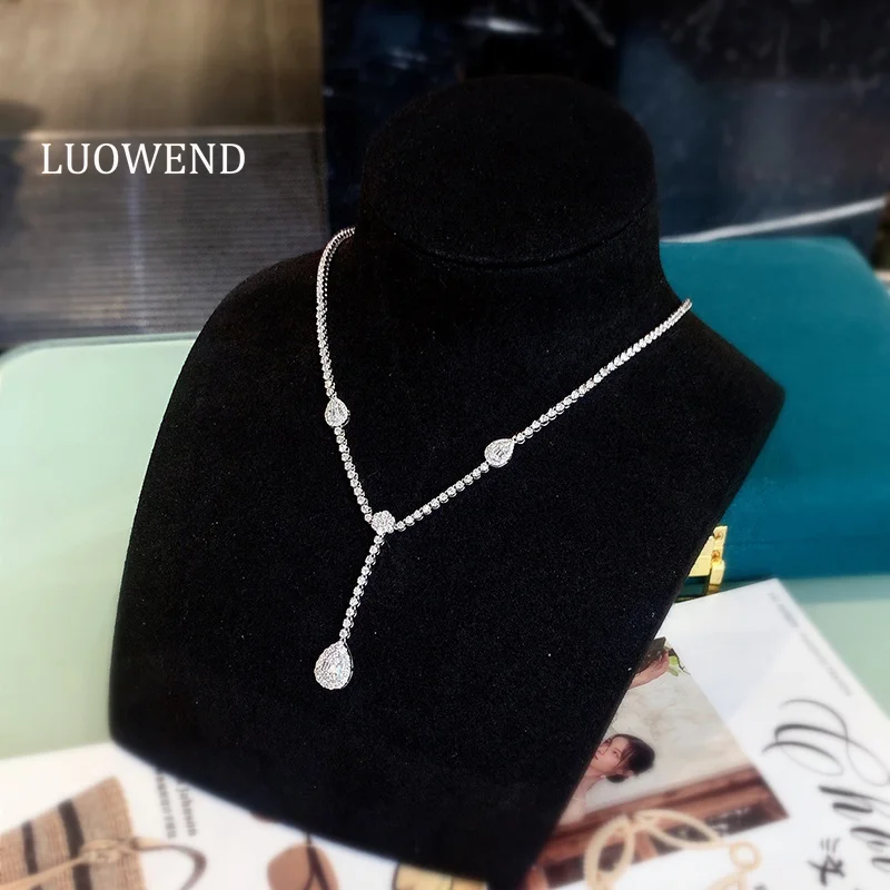 LUOWEND 100% 18K White Gold Necklace Luxury Simple Style 3.50carat Real Natural Diamond Necklace for Women High Party Jewelry