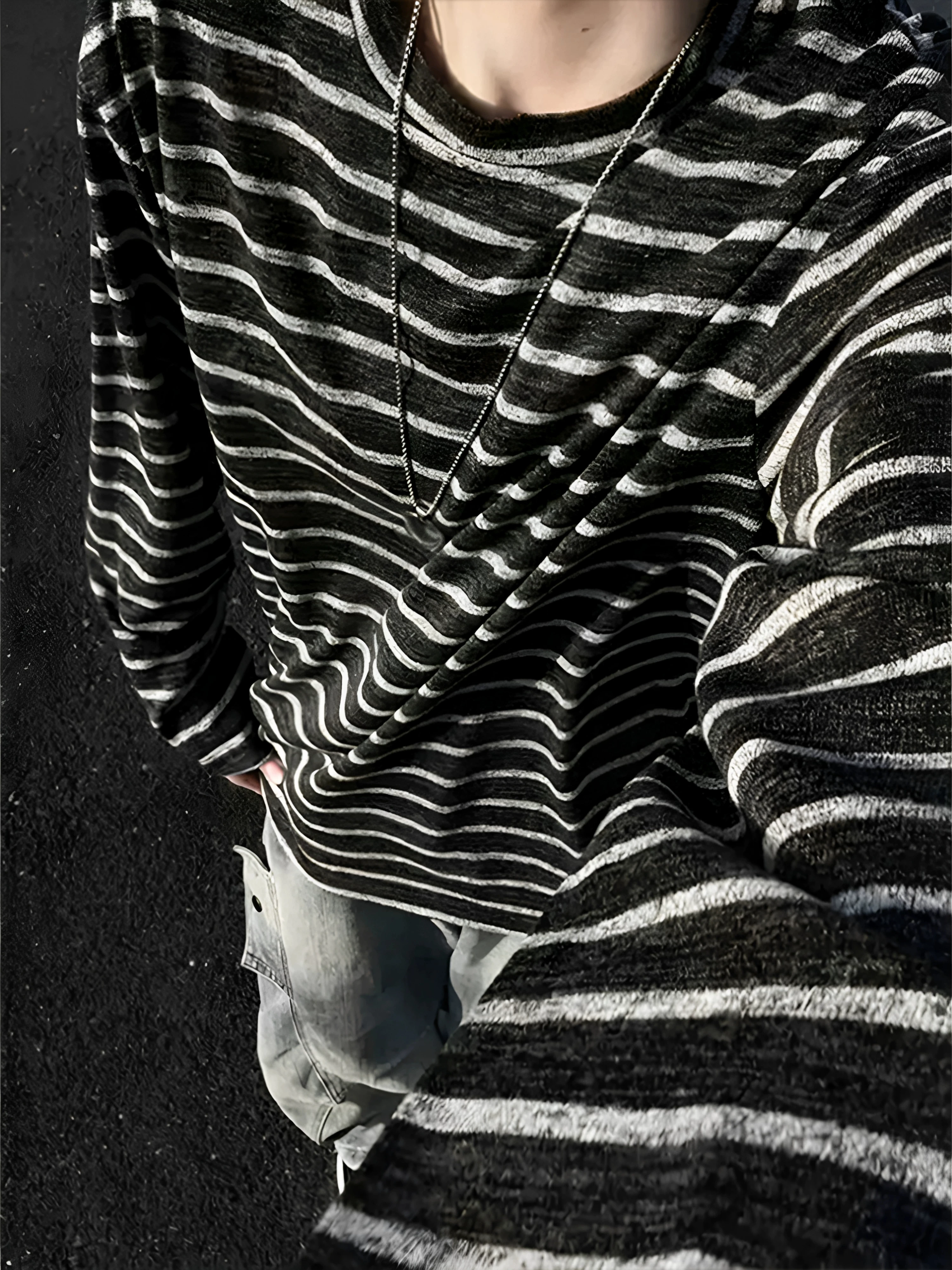 Black Stripe Long Sleeve Men's T-shirt Autumn American Retro Lazy Style Base Layer Shirt Cleanfit Inner Wear Casual Loose Fit