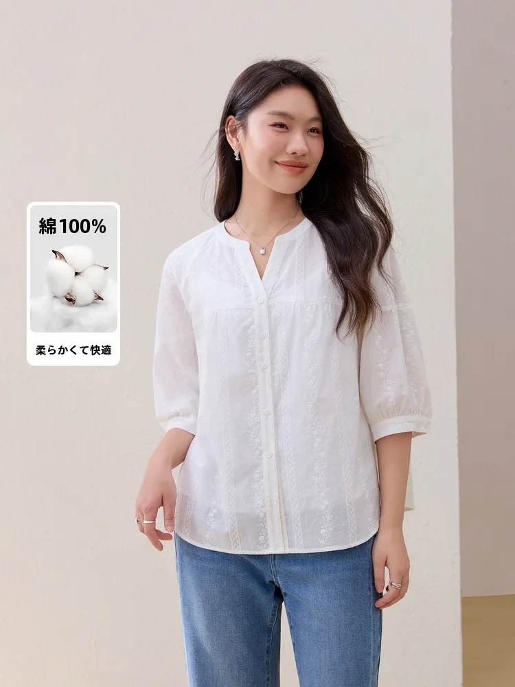 

Элегантная рубашка из чистого хлопка с рукавами 7/8, модная женская рубашка в корейском стиле, облегающая, летняя, новинка, большие размеры, топ для ношения под одеждой