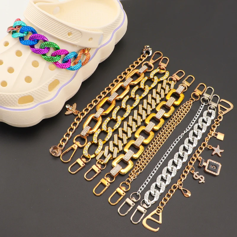 New 2PCS Alloy Shoe Charms Chains Fashion Cool Punk Metal Style Chain Shoe Decoration for Women DIY for Sandals Clog Accessories