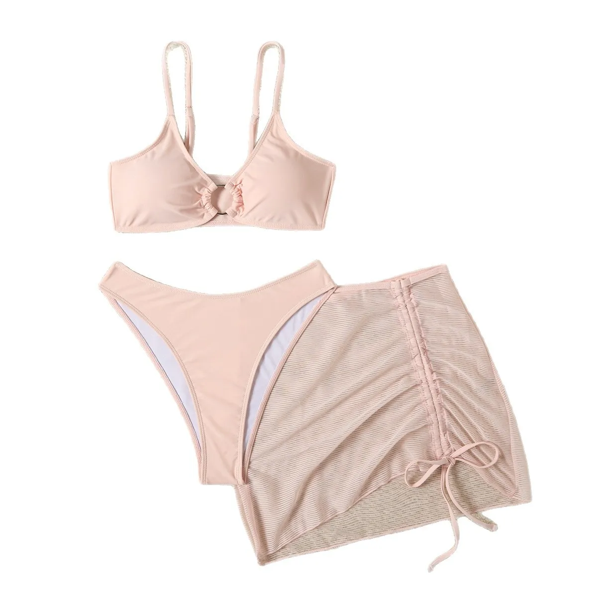 sexy pink plain metal ring bikinis sets three pieces with drawstring mesh mini skirt swimsuits bathing suit swimwear tankini