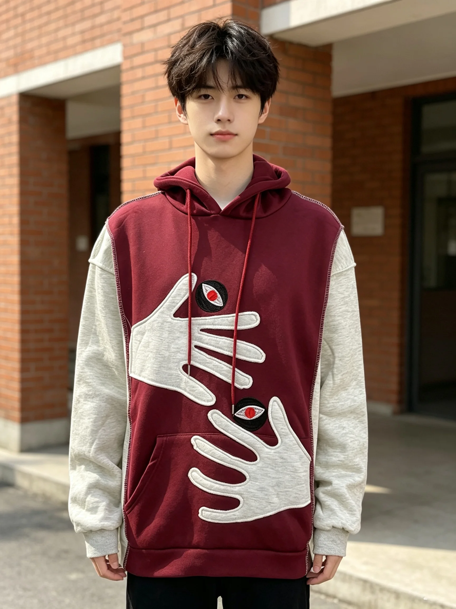 Fake two-piece spliced hoodie with palm and eye patches embroidered American retro wine red contrasting hoodie