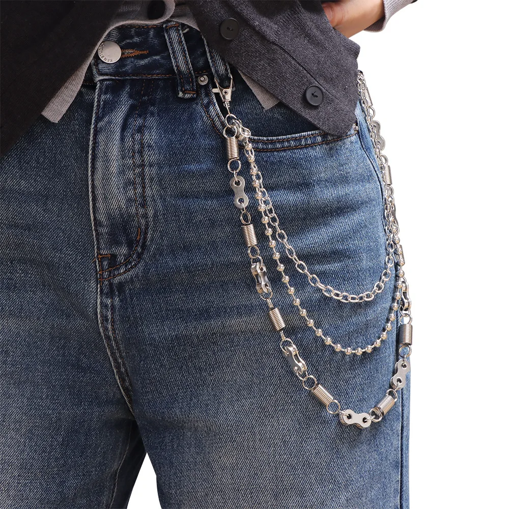 Punk Hip Hop multi-layer Metal Jean Pants Chain for  round bead chain Spring Ring Spliced Street Trouser Fashion Accessory