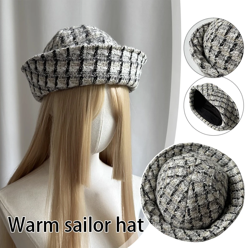 Topi Baret Tweed Vintage Baru Gaya Pelaut Jepang Serbaguna Topi Gaya Angkatan Laut Wanita Musim Dingin Fashion Pesta Topi Bucket Hangat Topi Perawat