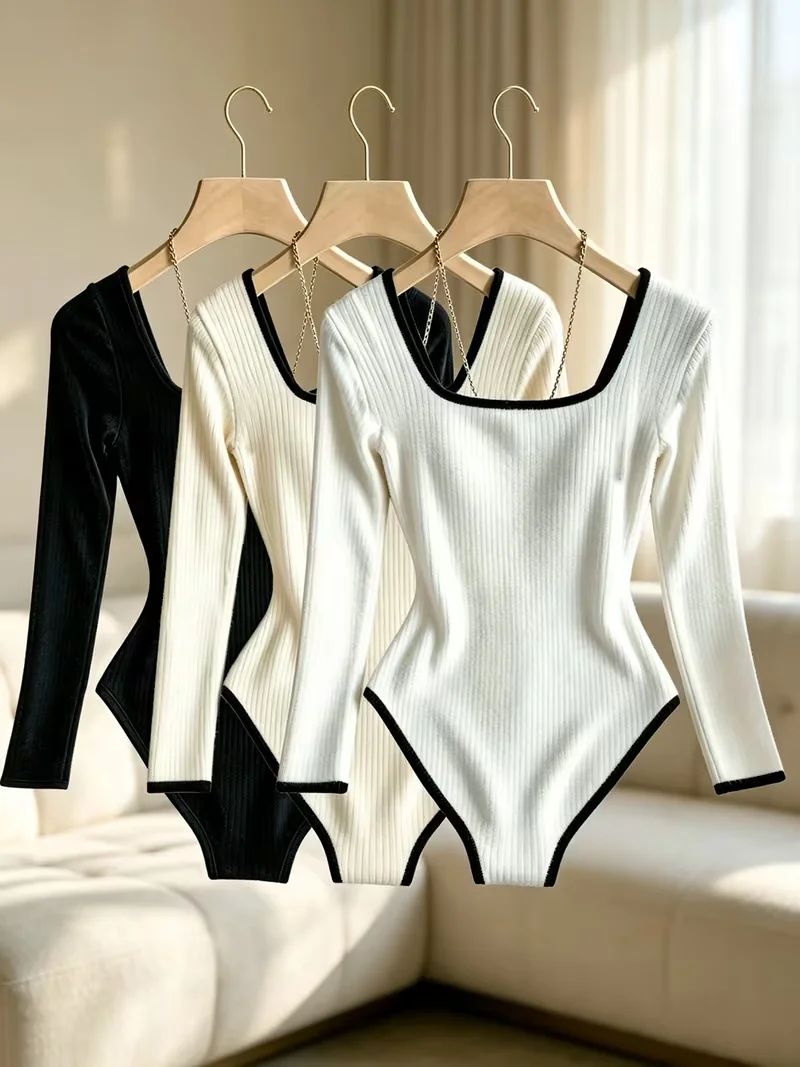 Women 3 Pack Square Neck Long Sleeve Knit Bodysuits Black White Binding Ribbed Slim Stretchy Basic Sports Tops & Tees Clothes