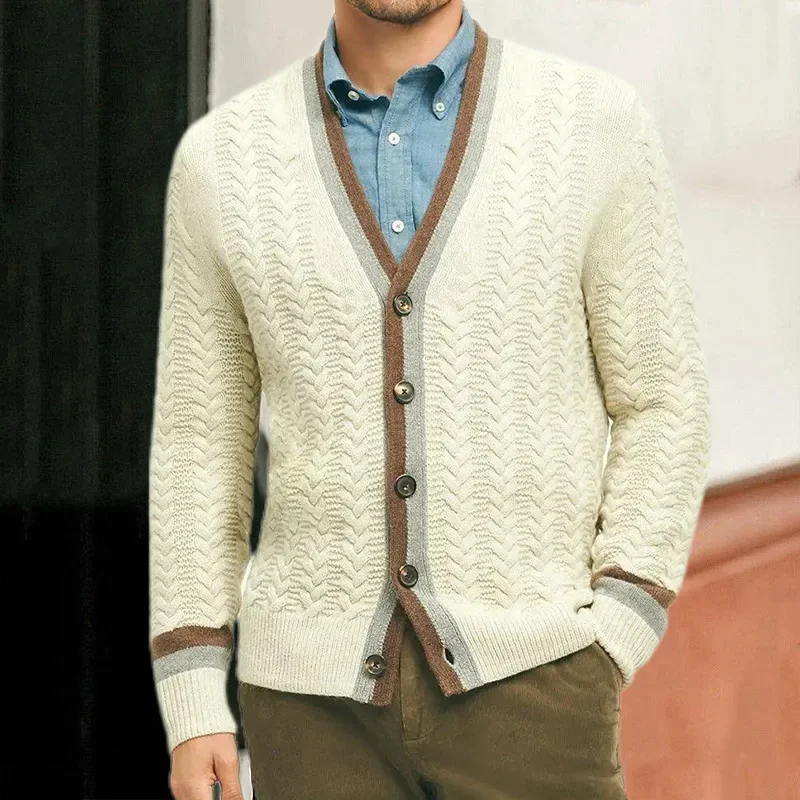 

2023 Men's Knitted Cardigan Men's V-neck Long Sleeve Color Block Sweater Coat Fashion Sweater