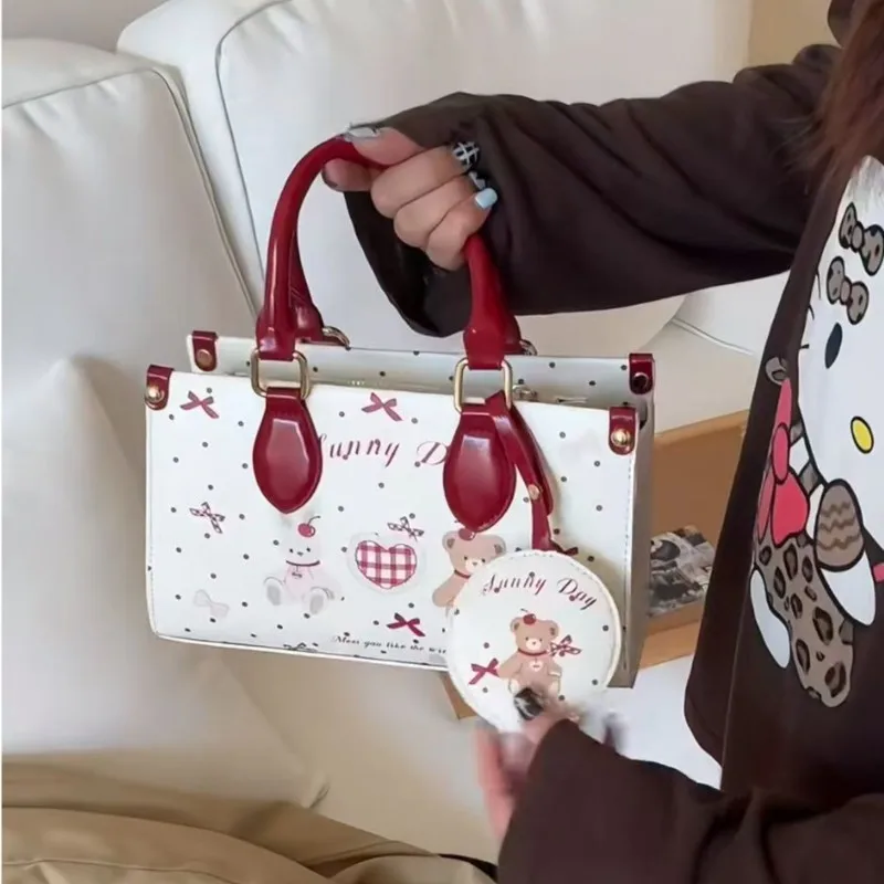 

Sweet Red Graffiti Handbag Women Cartoon Bow Rabbit Large Capacity Shoulder Bag Ladies Elegant Romantic Polka Dot Crossbody Bags