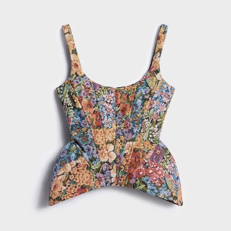 Vintage Blumenmuster Damen Korsett-Top Fischgräten-Spaghettiträger Quadratischer Ausschnitt Bandage Schlankes Bustier 2026 Sommer Party Club Tanktop – Detail 1