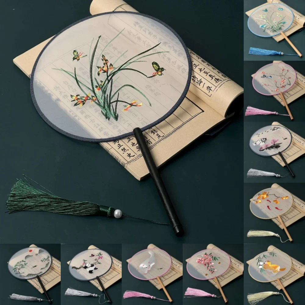 Vintage Hand Fan Ladies Chinese Classical Embroidered Round Fan Non-Folding Fan For Woman Wedding Dance Party Home Decor