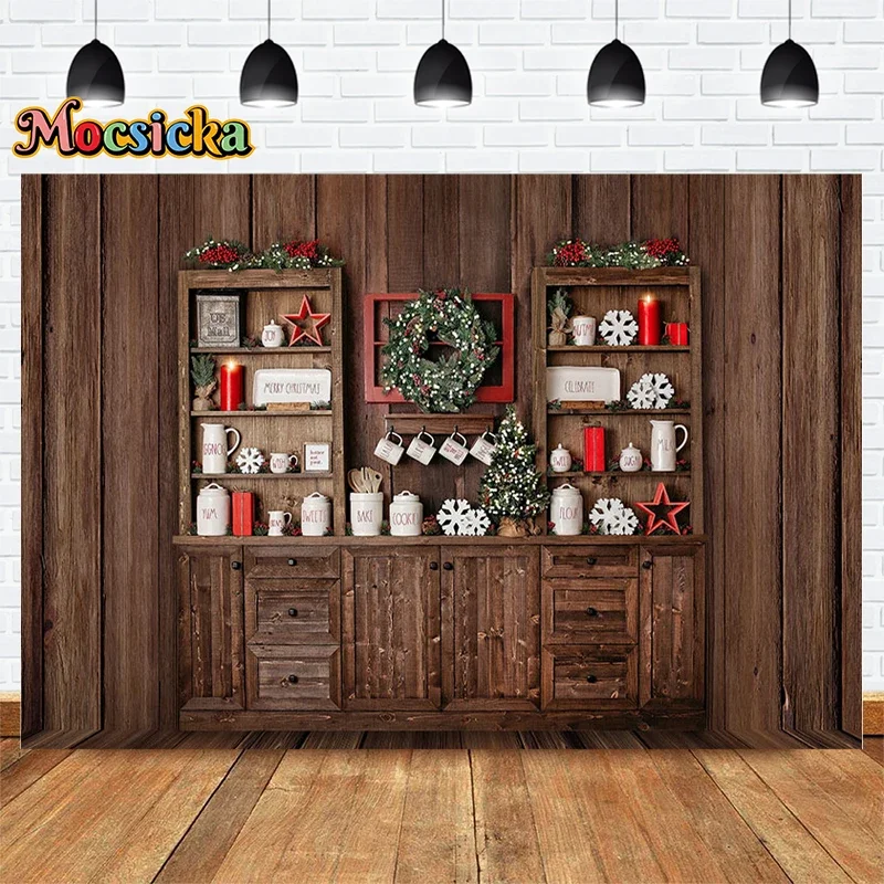 Mocsicka Christmas Photography Background Kitchen Dining Cabinet Xmas Wreath Backdrop New Year's Eve Party Family Portrait