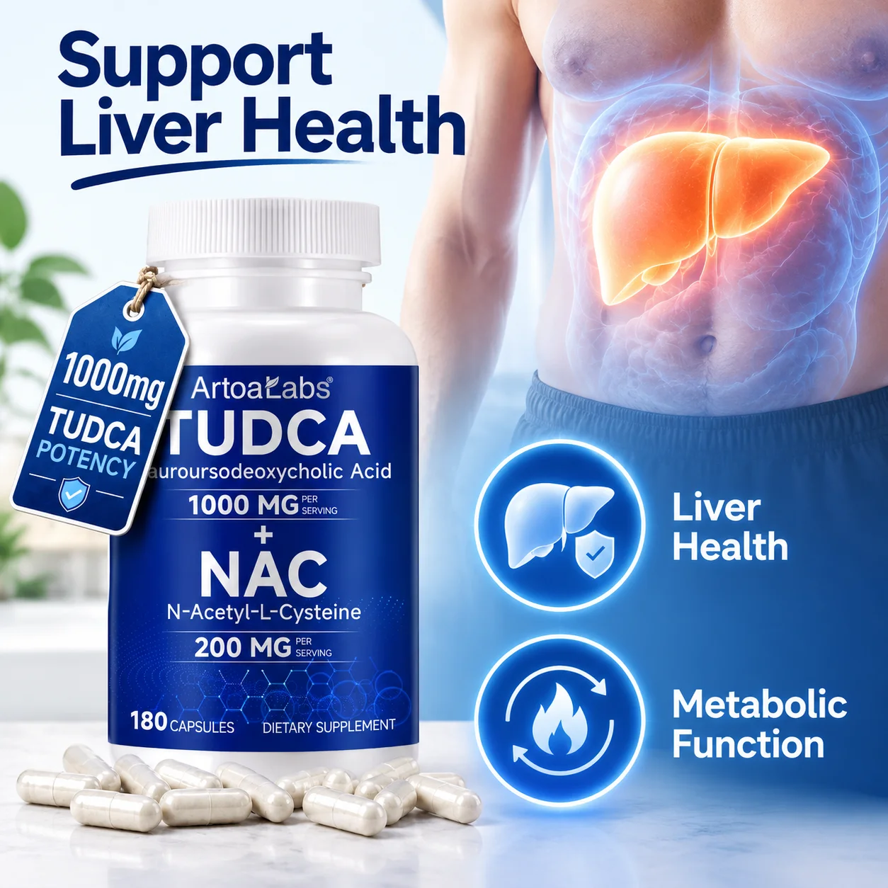 TUDCA NAC Supplement Capsules Maintain Liver Health Boost Metabolic Function for Poor Dietary Habits and Fitness Fans 180 Caps