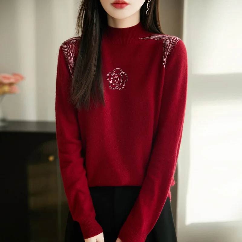 Women Sweater Autumn Winter Beading Long Sleeve Knitted Pullovers Mock Neck Warm Bottoming Shirts Loose Korean Fashion Jumpers