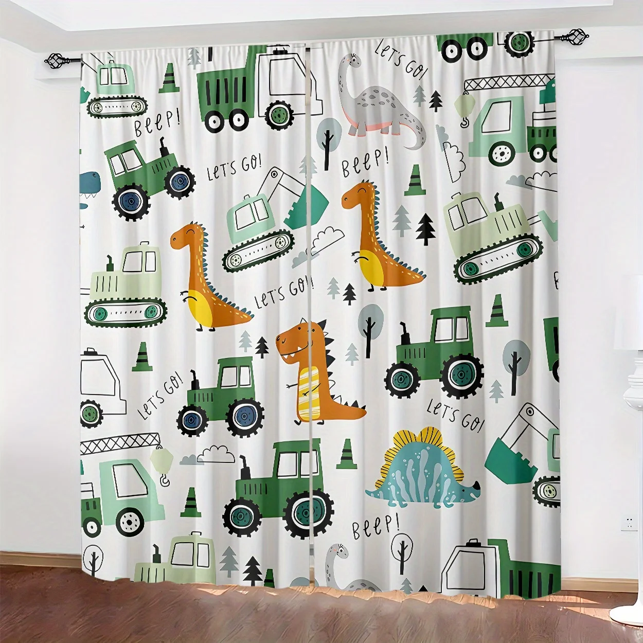 2pcs Kids Dinosaur and Construction Truck Theme Curtains Nursery Window Curtain Backdrop Decoration for Playroom