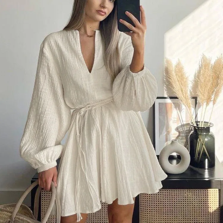 

New Fashion V-Neck Long Sleeve Lace-Up Dresses Elegant Beige Cotton Womens Dresses Casual Loose Pleated Mini Dress Streetwear