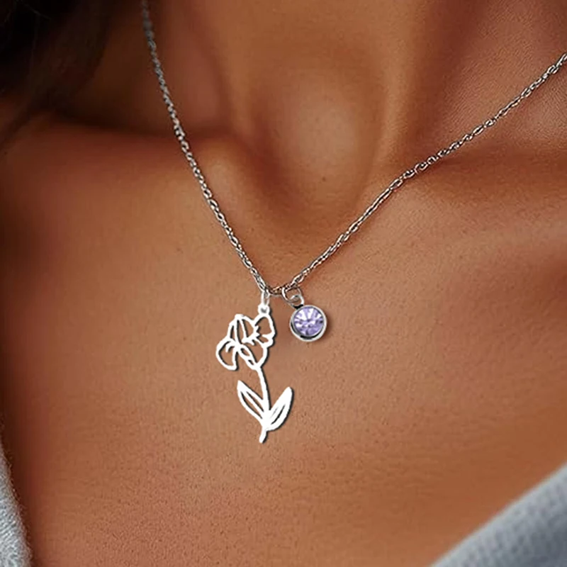 12 Months Birthstone Birth Flower Necklace For Women Stainless Steel Jewelry Birthday Gifts