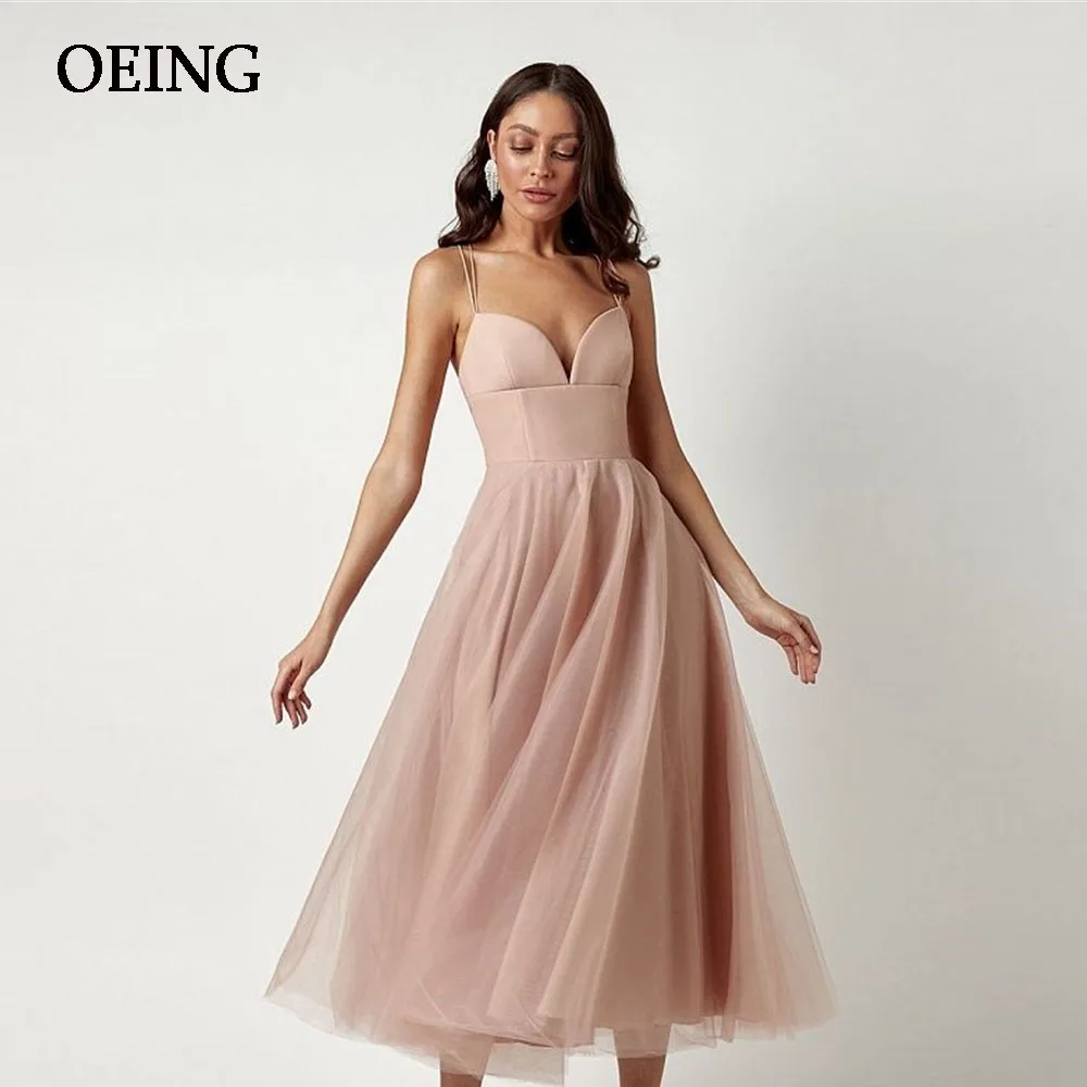 OEING Flesh Tulle Spaghetti Strapes Evening Dresses Tea-Length Pleated Princess Prom Gowns Charming Elegant For Formal Occasion