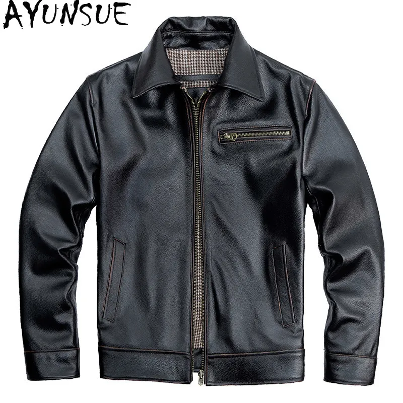 AYUNSUE 100% Genuine Cowhide Men Leather Jacket Classic Workwear Casual High Quality Pure Leather Coat Man Clothes veste homme