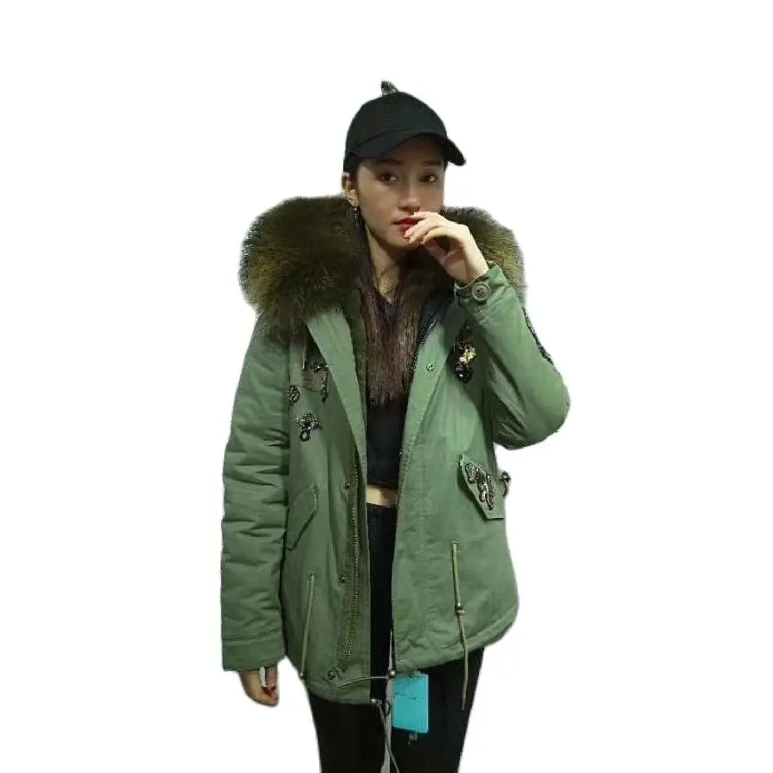 Olive Green Winter New Style Furs Parka With Beads Ladies Big Collar Short Women Parka Fur Jacket