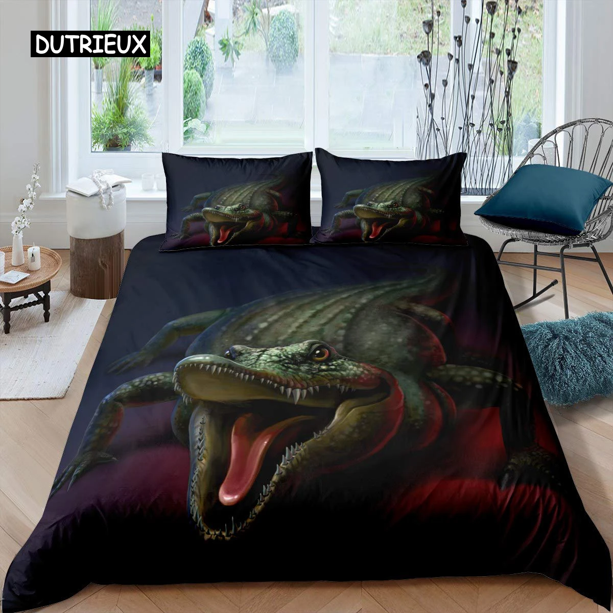 

Crocodile Duvet Cover Set Wild Alligator Pattern Bedding Set Wildlife Style Comforter Cover Horror Animal Theme Twin Quilt Cover