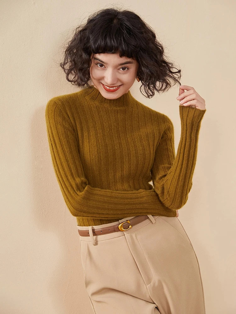 

Women Autumn Winter Mock Neck Cashmere Sweater Seamless Striped Pullover 15 Color Basic 100% Cashmere Knitwear Silm Clothing Top