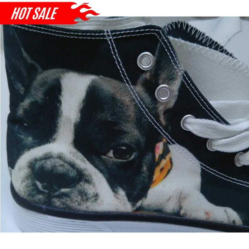 2021 Fashion High-Top Canvas Shoes for Women Cute 3D Black French Bulldog Flat Shoes Ladies Lace-up Vulcanized Shoes