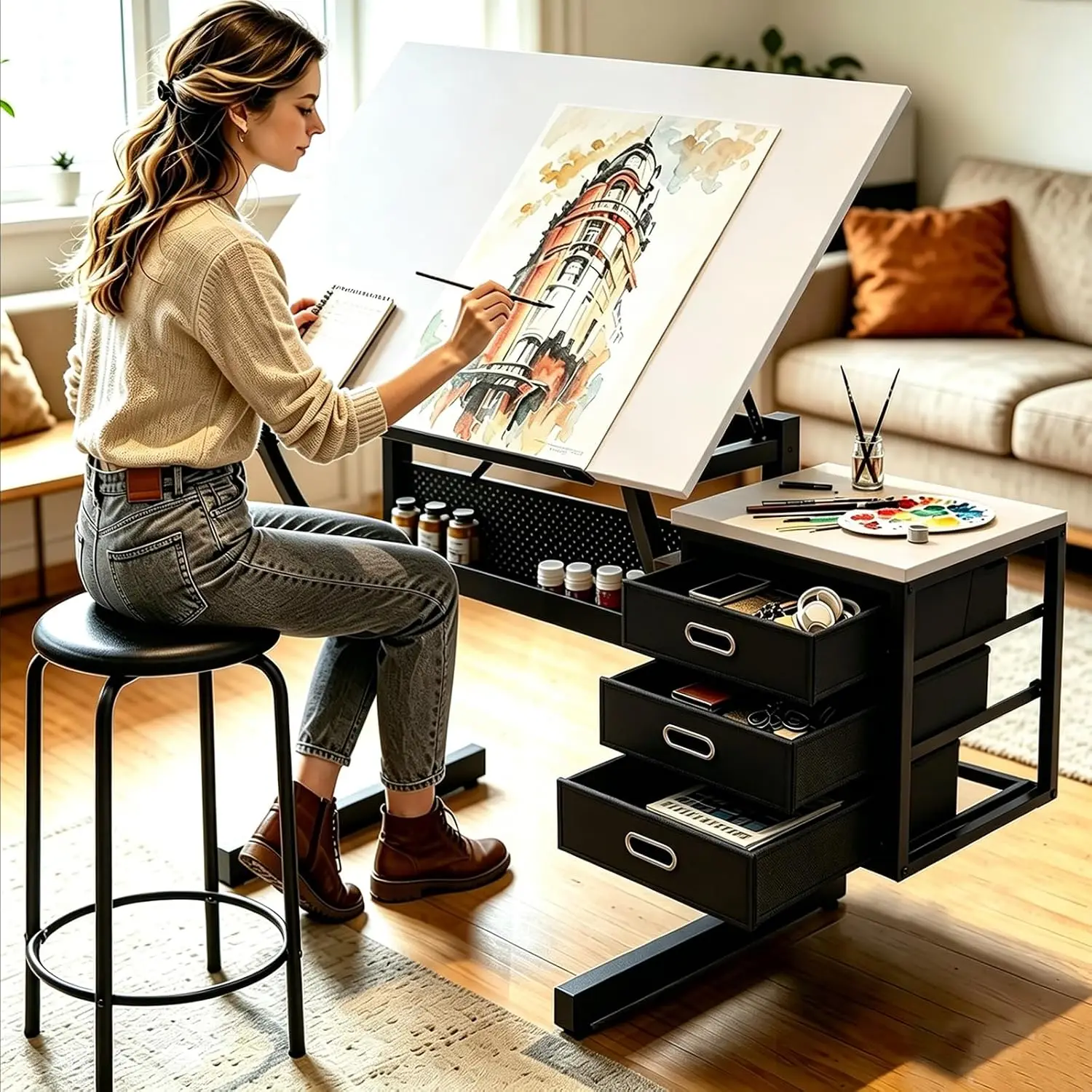 Angle Adjustable White Drafting Table with 3 Storage Drawers & Stool
