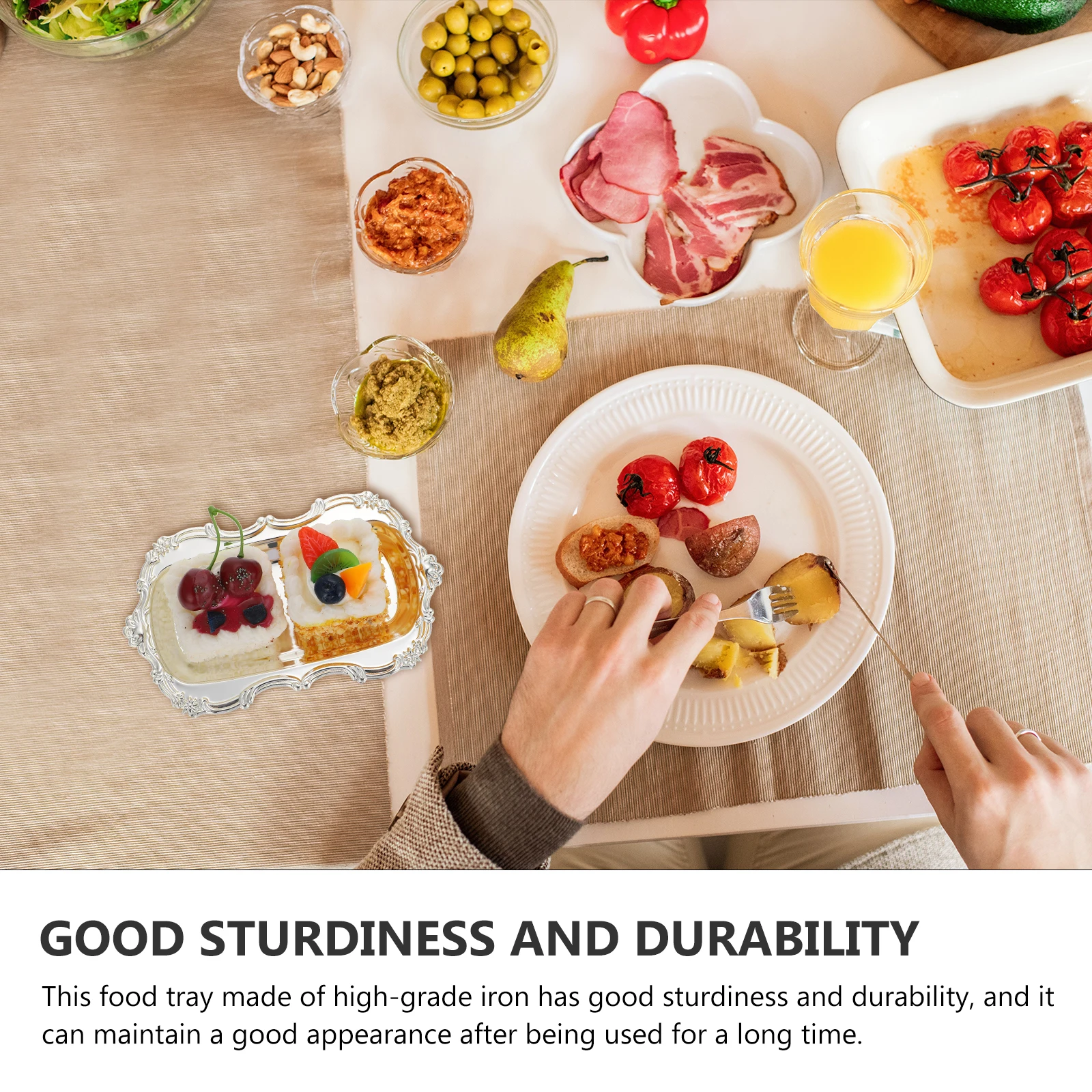 

Dessert Plates Tray Food Grade Material Cake Snack Silver Platter Anti-corrosion Smooth Edge European Style Practical Design