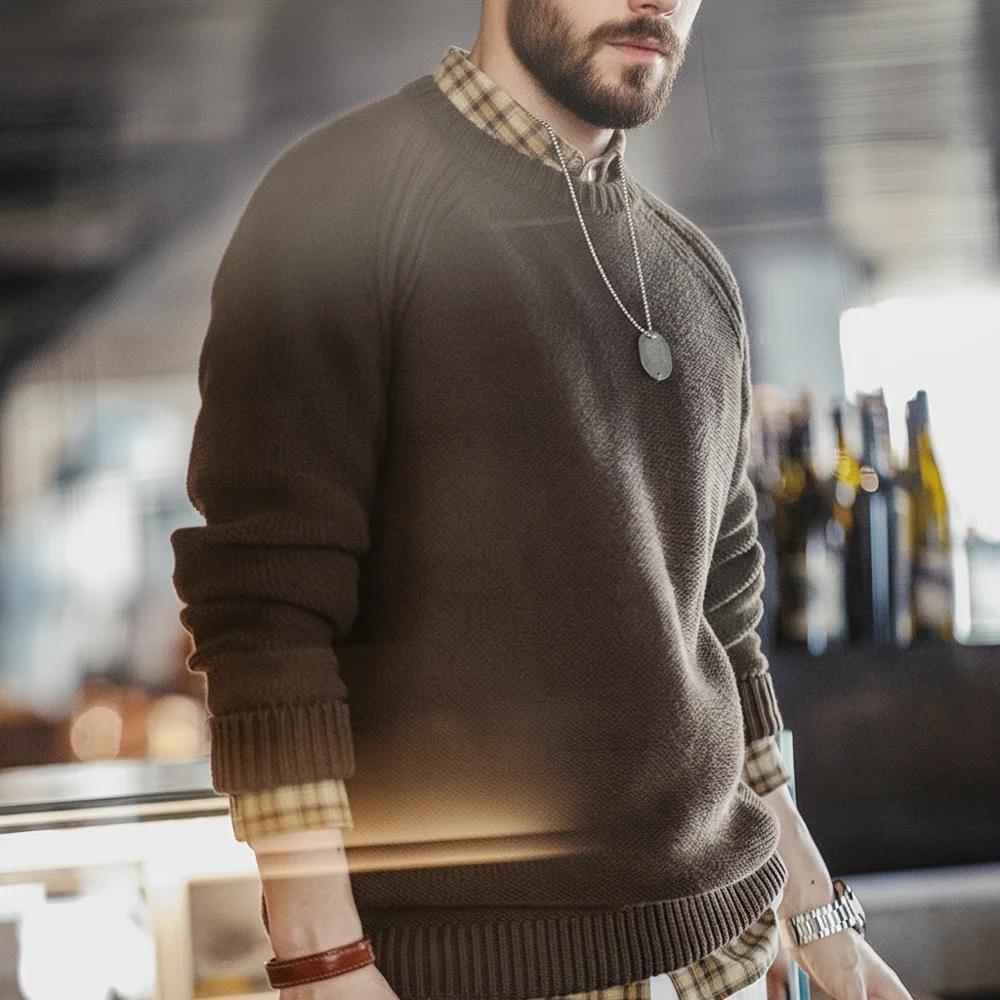 Maden New Vintage Heavyweight Knitted Crew-neck Sweater Brown Warm Pullover Men's Versatile Top for Autumn and Winter Knitwear