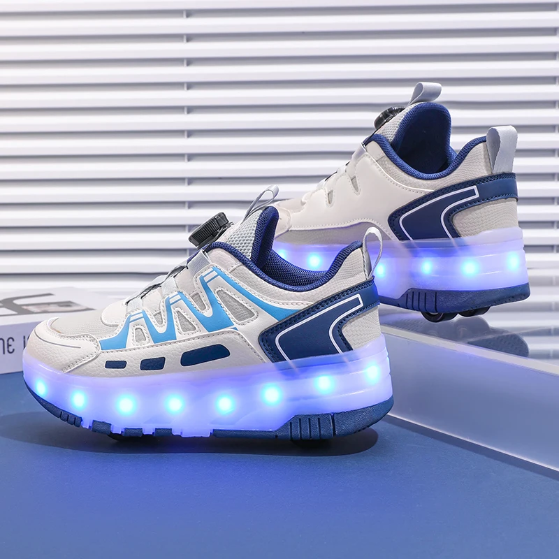 Children Four Wheels Luminous Glowing Sneakers Black Pink Led Light Roller Skate Shoes Kids Led Shoes Boys Girls USB Charging