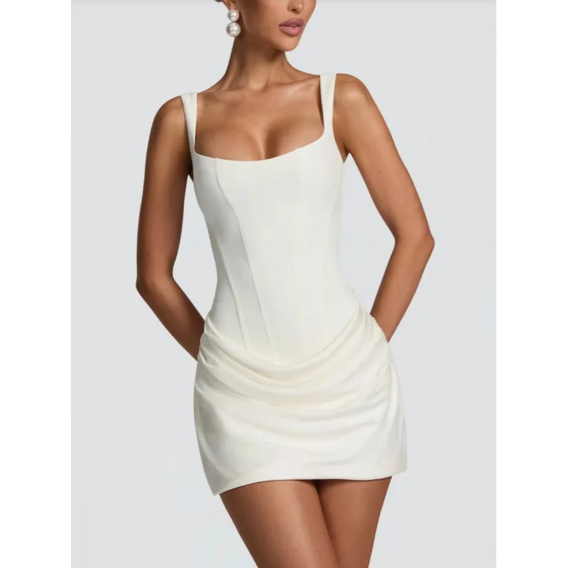 Womens Square Neck Sleeveless Dress Pleated Fishbone Shaping Waist Slim Bodycon Mini Dress For Club Party Street Daily Outfits