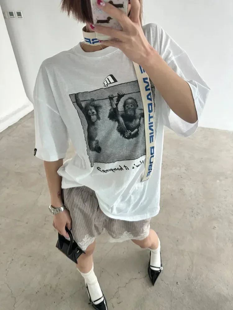 Marti Small Crew Neck Cartoon Print Pink Rabbit Bear Orangutan Fun Casual Short Sleeve T-Shirt