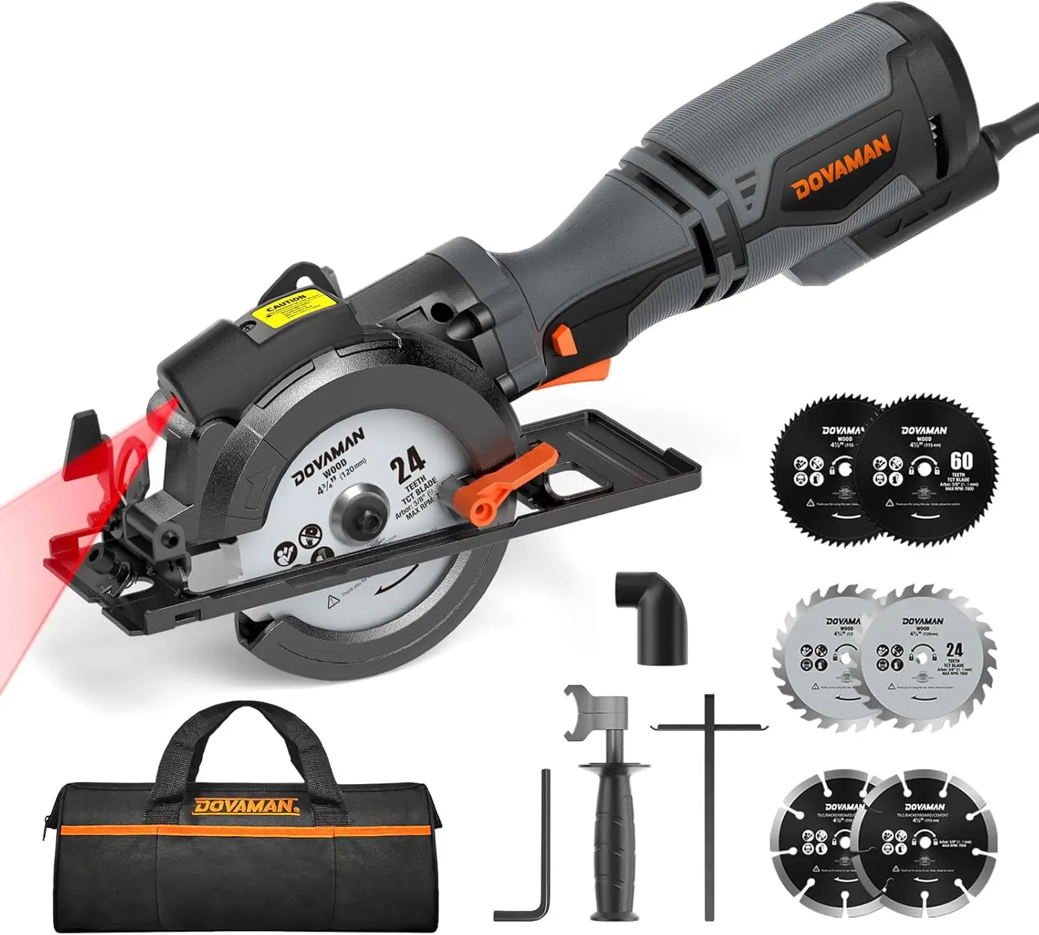 

5.8A 4-1/2" Circular Saw with Laser Guide, Metal Auxiliary Handle, 6 Blades for Wood, Soft Metal, Plastic, and Tile Cutting