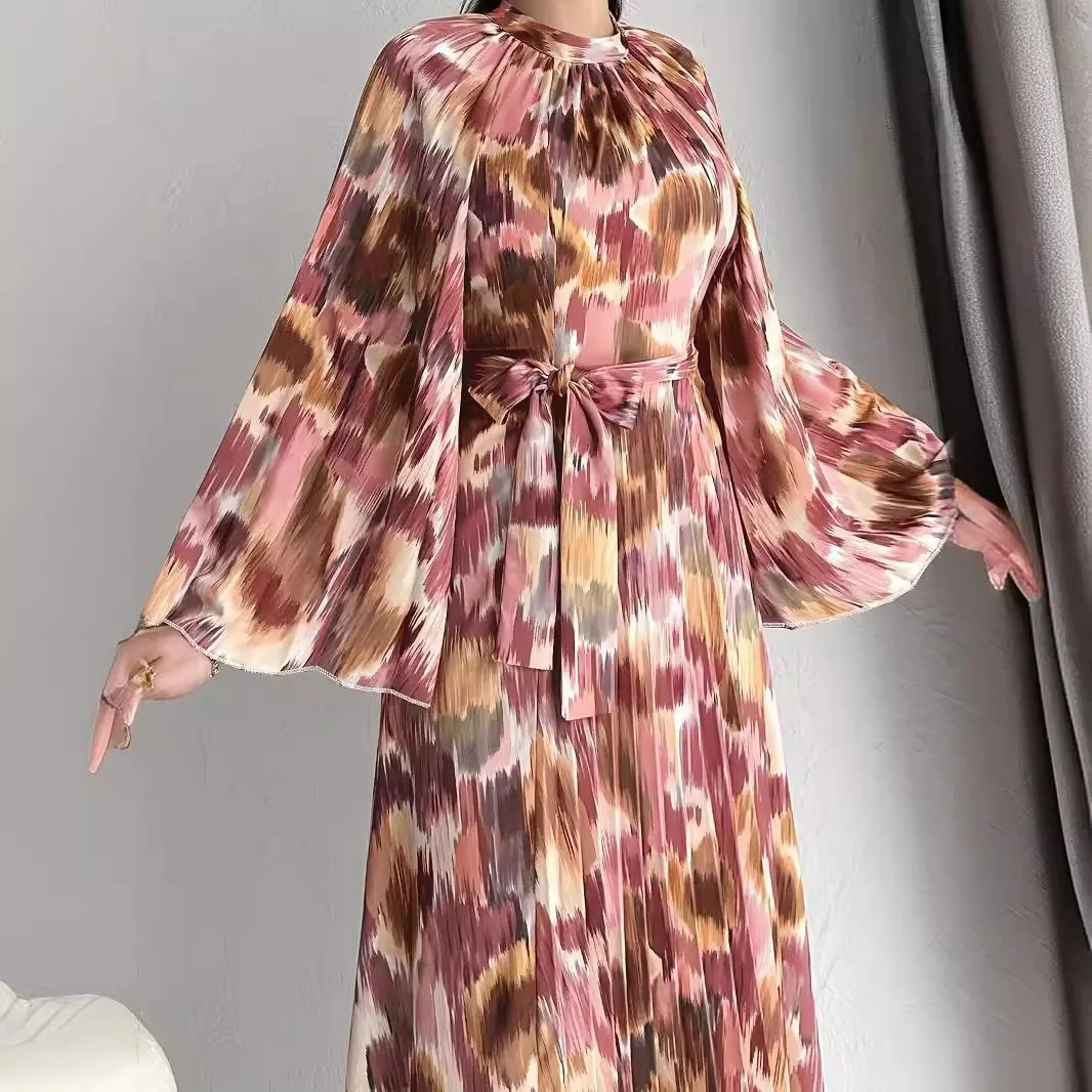 Muçulmano novo floral impressão com cinto longo moda vestido alargamento mangas meia gola modesto vestido de noite vestido Jakarta