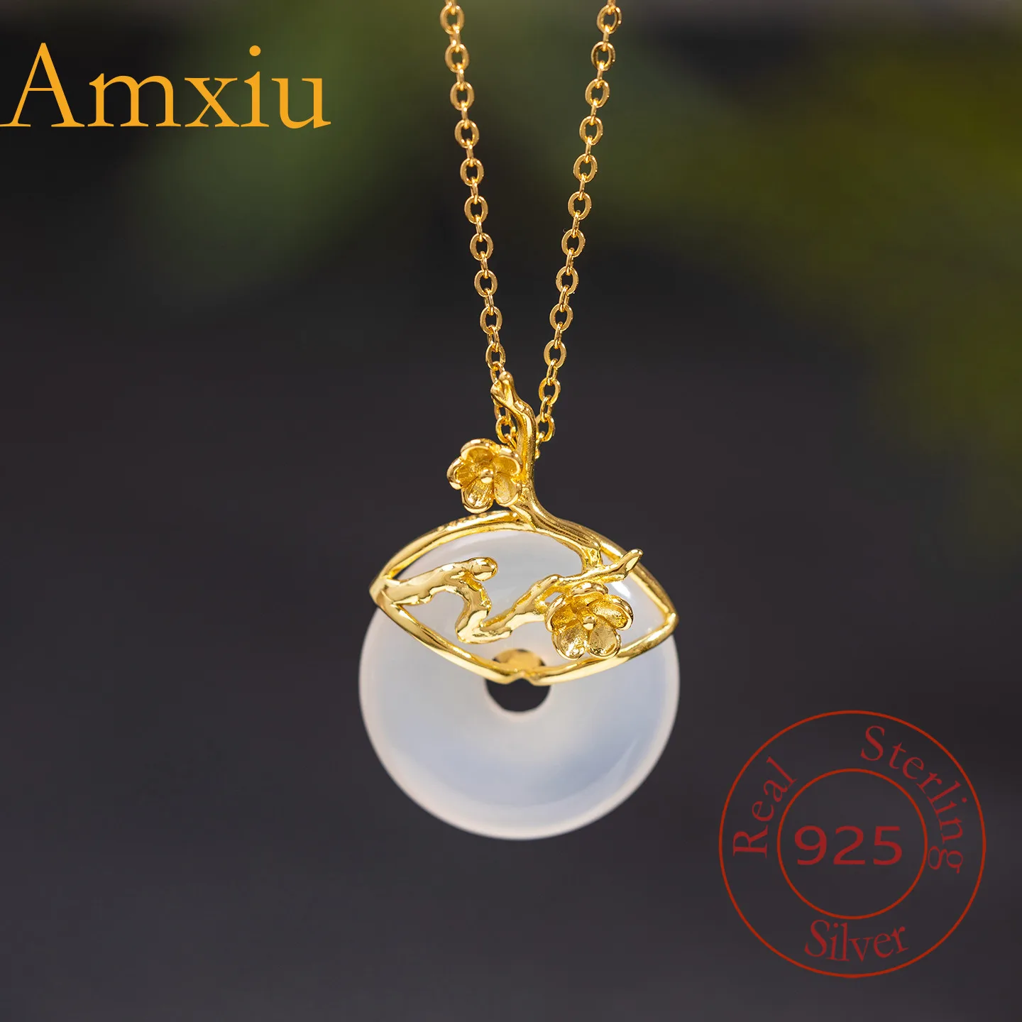 Amxiu Sterling Silver 925 Original Design New Chinese Style National Trend Fashion Plum Blossom Chalcedony Peace Buckle Pendant