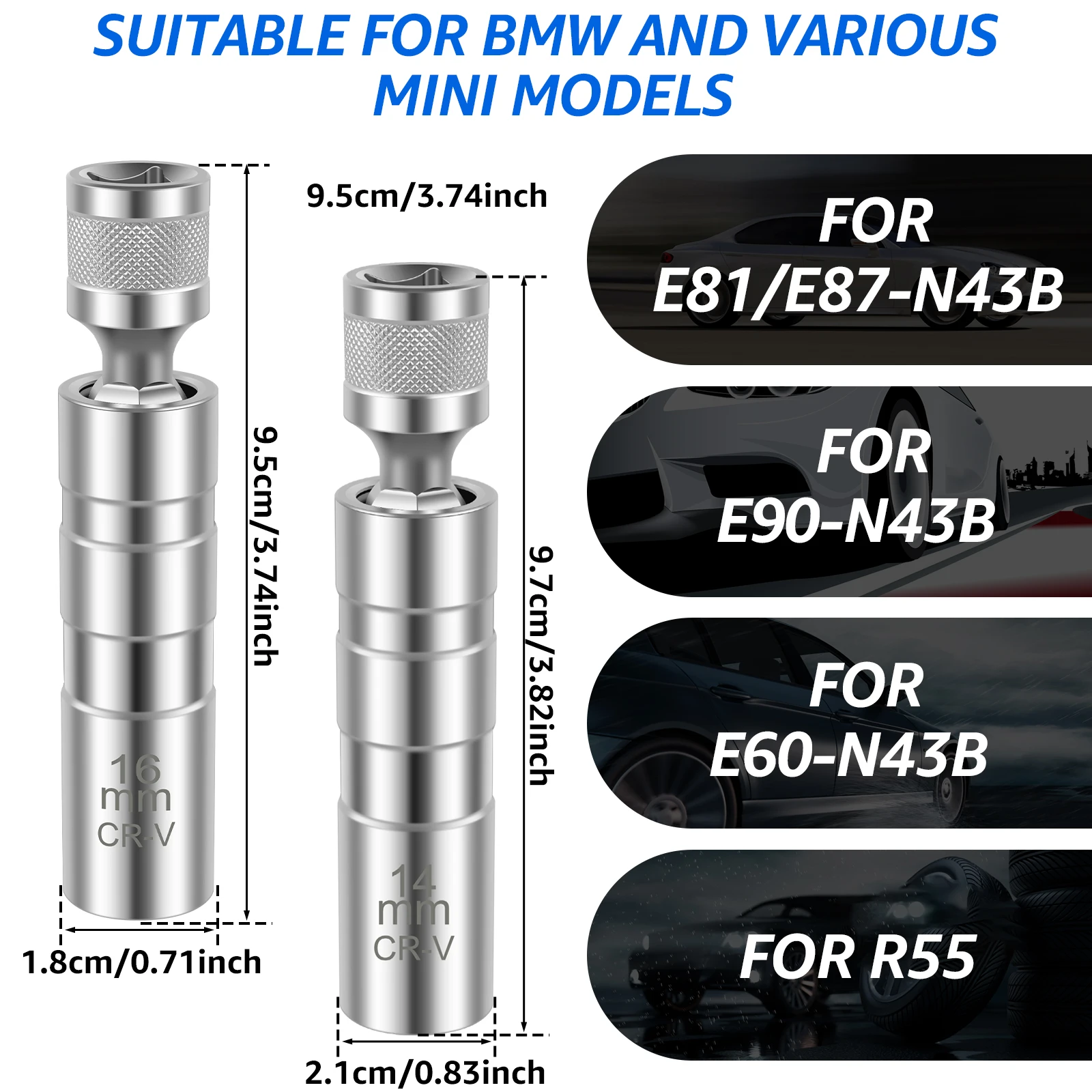 2 stuks bougiedop 14 mm 16 mm 360 °   Gereedschap voor het verwijderen van draaibare bougiedoppen Magnetische installatiegereedschappen voor bougiedoppen