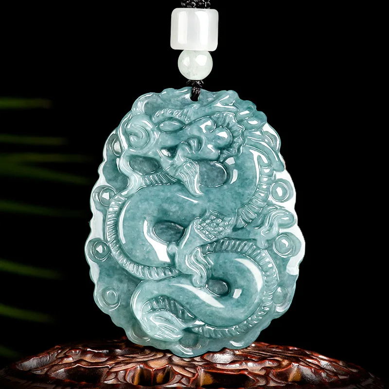 Natural A-grade Jade Blue Faucet Sign Zodiac Dragon Prosperous Business Attracting Wealth Pendant Ice Jadeite Men's Women's