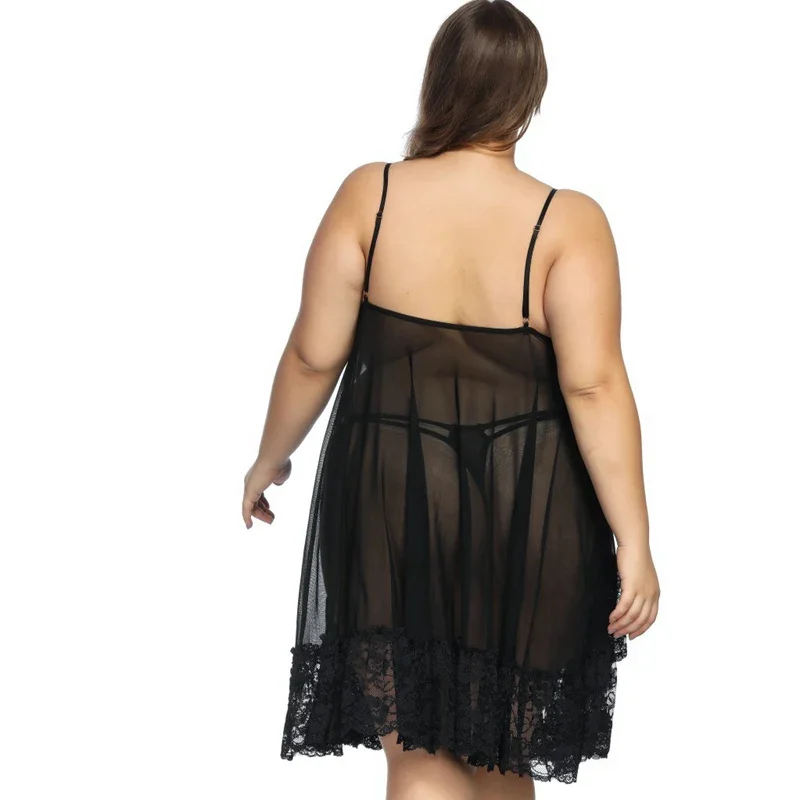 6XL Big Size Sexy Nightdress with Thong Hot Erotic Dress See-Through Lace Women Sleeveless Pajama Sexy Dress Nightwear Underwear