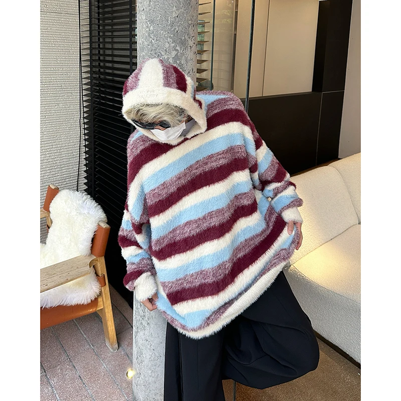 [OIMG] American Street Hooded Striped Faux Mink Fur Knitted Sweater Autumn Unisex Sweater