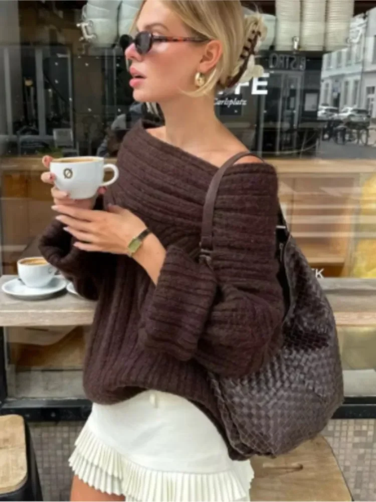 

Women Sexy Solid One Neck Ribbed Sweater Fashion Off Shoulder Long Sleeve Knitted Pullover 2024 Autumn Lady Chic Street Knitwear