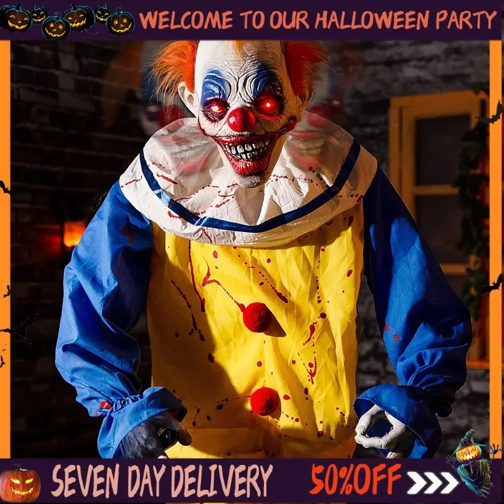 

Halloween Decorations 72'' Animatronic Standing Clown Animated Sound & Sensor Activation with Creepy Sound Motion Light Up Eyes