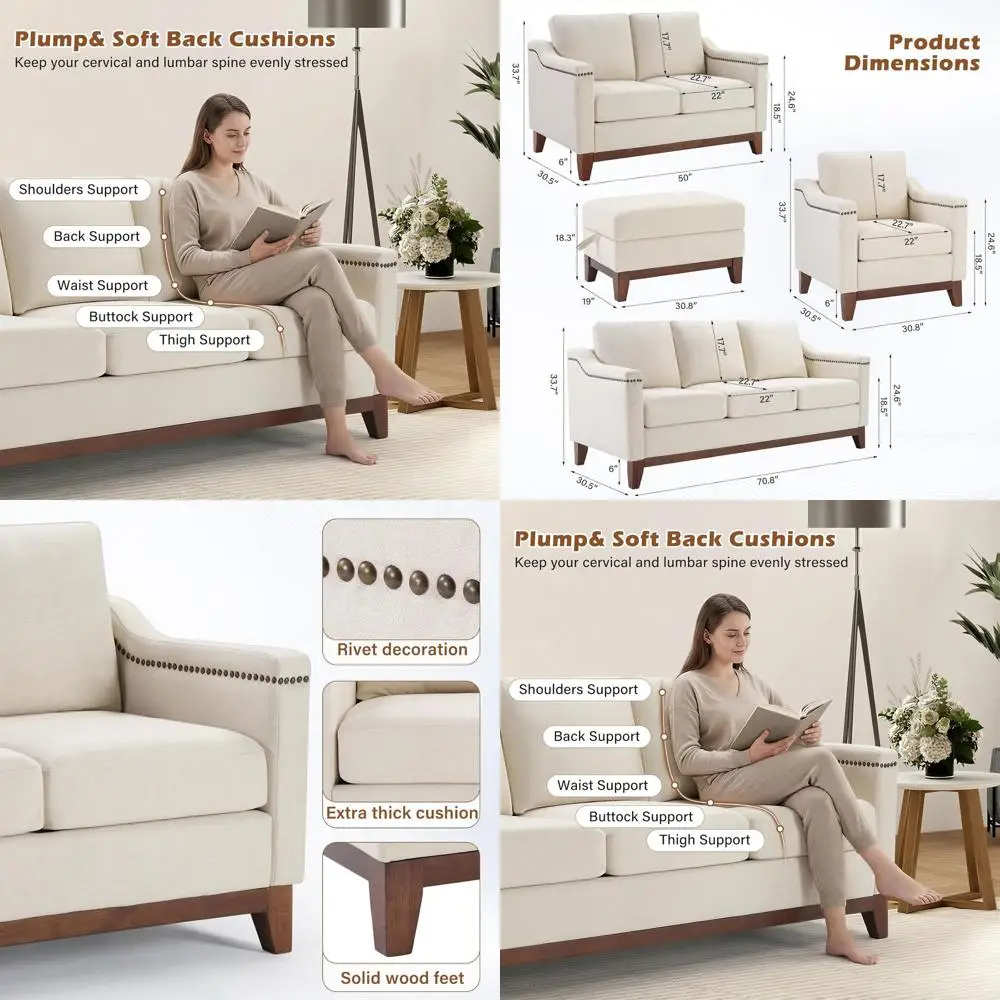 

2-Piece Fabric Sofa Set with Nailhead Trim, Loveseat & Ottoman with Lift-Top Table, Beige Living Room Furniture