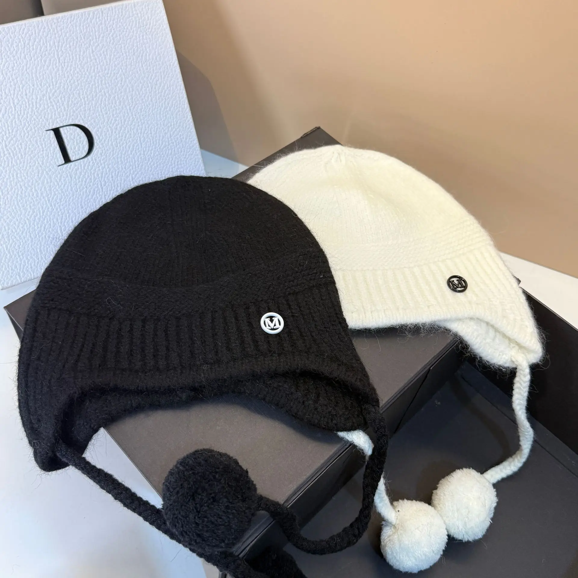 Cute Pompom Knitted Beanie Hat for Women Earflap Real Rabbit Fur Winter Bomber Skullies Outdoor Ear Protection Caps for Femlae