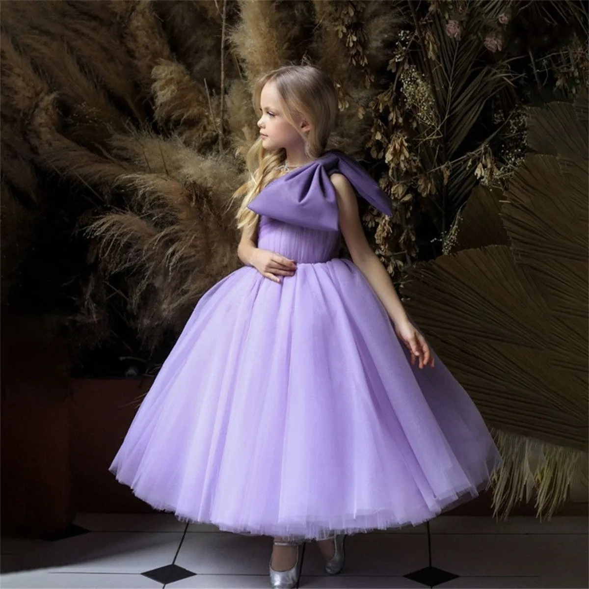 Vestidos de flores para niña, vestido elegante de lavanda hinchada, un hombro para fiesta de boda, vestido de baile de princesa, lazo grande, ropa