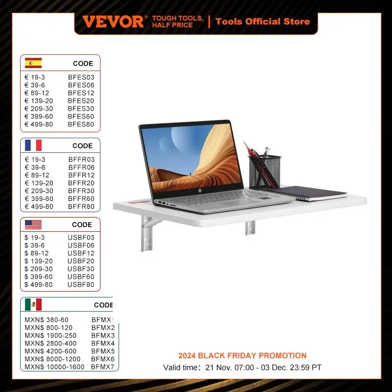 

VEVOR Wall Mounted Folding Table Wall Mount Drop Leaf Table with Carbon Steel Bracket Wooden Desk for Dining Laundry Room Office