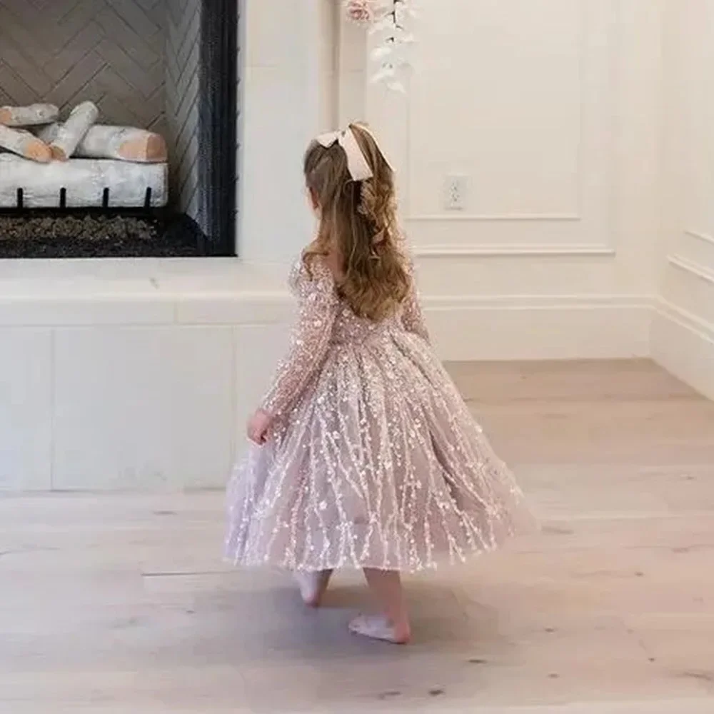 Girls Long Sleeve Sequin Embroidered Tulle Gown With Bow Accent Perfect For Flower Girl Duties Birthday Celebrations Piano Perfo